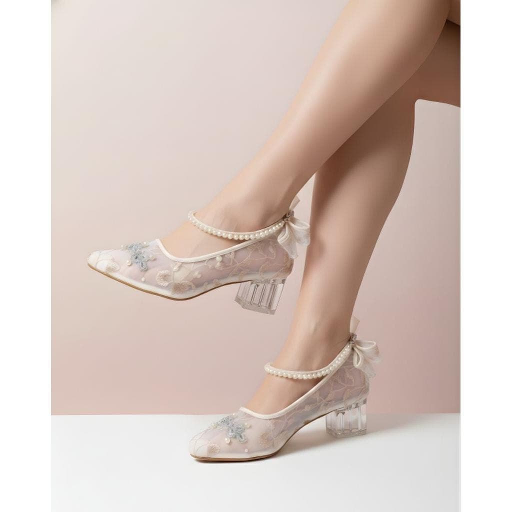 Custom Pearl Crystal Bridal Heels, Cream Bow Party Shoes, 5cm Elegant Wedding Footwear