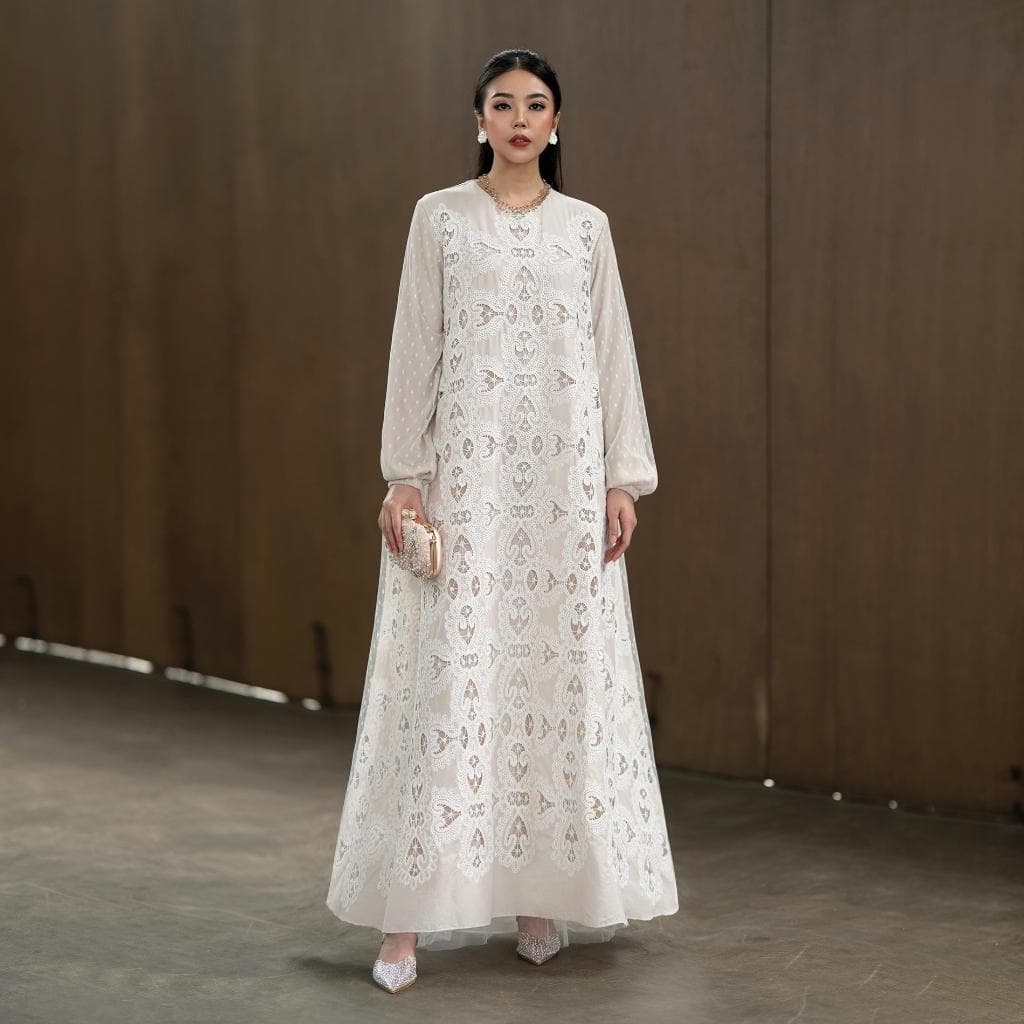Classy Cotton Laser Embroidery Tulle Dress – Modest Evening Gown, Elegant Abaya