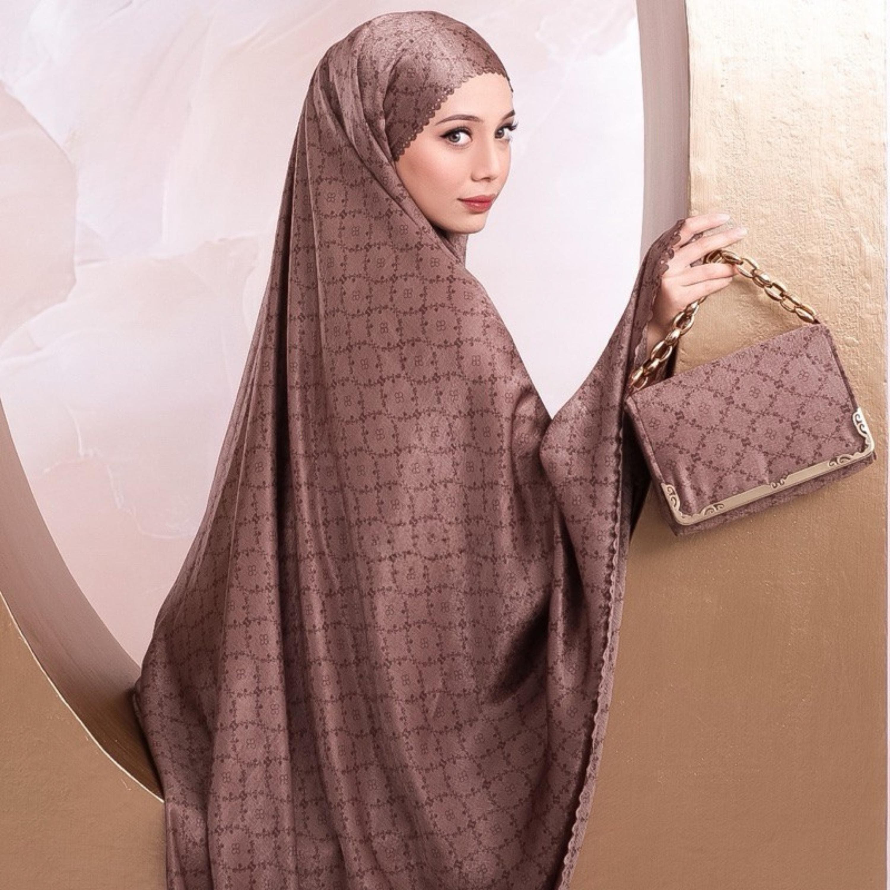 Santorini Silk Mukena Prayer Set – Luxury Laser Cut Islamic Outfit with Bag