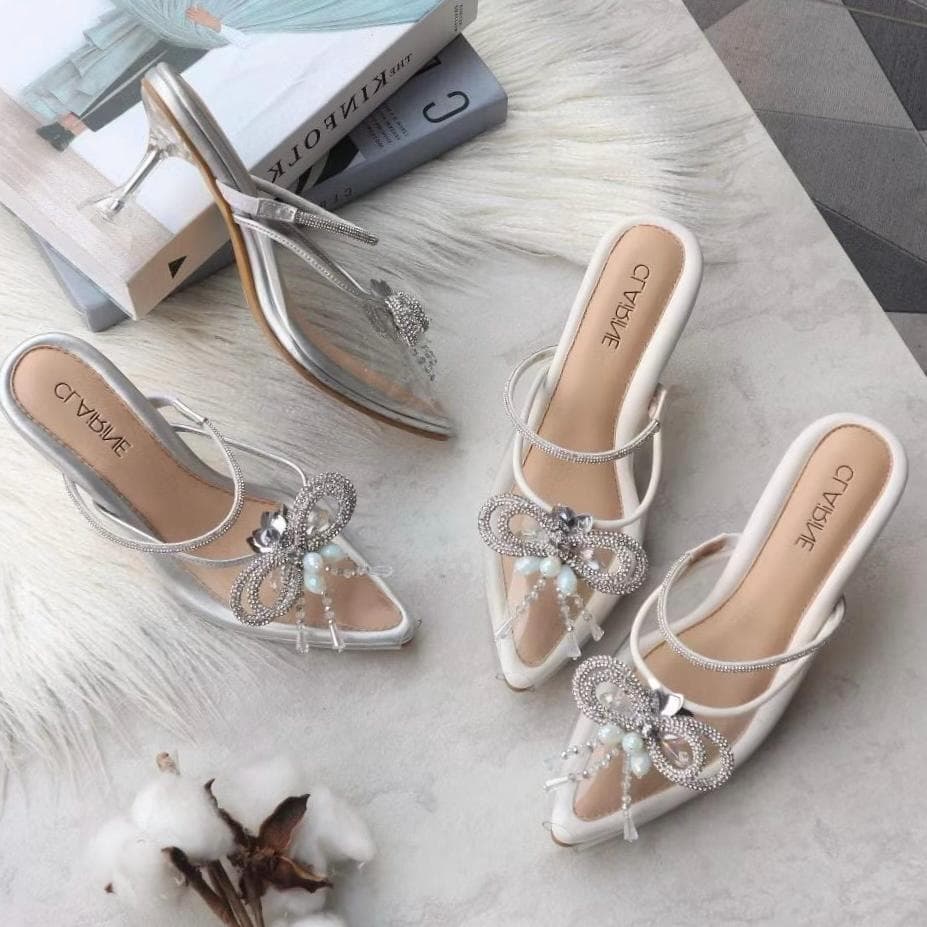 Clear Heel Wedding Sandals – Pointed Toe Bridal Heels, 7cm Transparent Heel, Silver White Shoes
