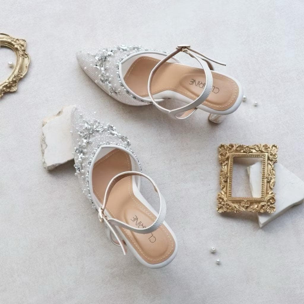 Saila White Gliter Chunky Heels – Vintage 10cm Wedding Sandals, Party Shoes - image 3