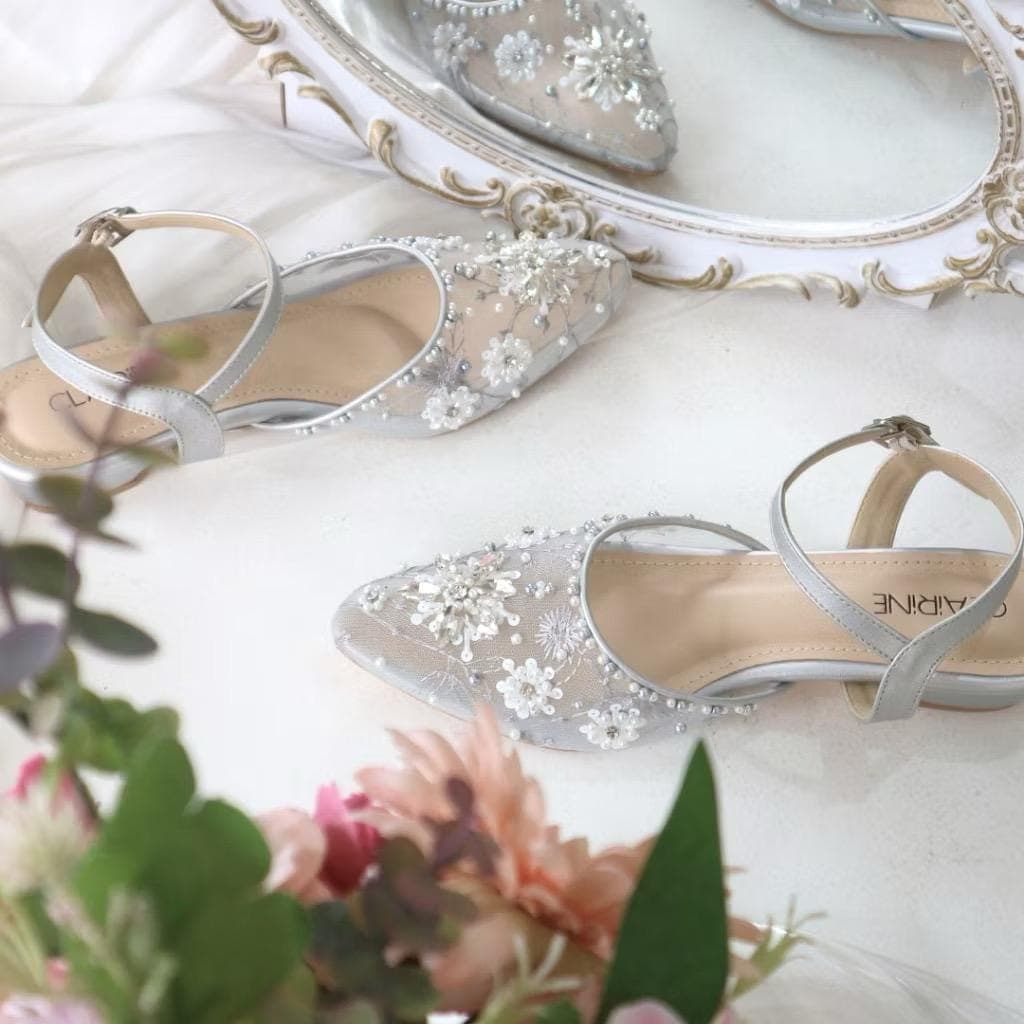 Elegant Silver Pointed Toe Kitten Heels, The Jasmine Edition Bridal Shoes, Beaded Heels 3cm - image 4