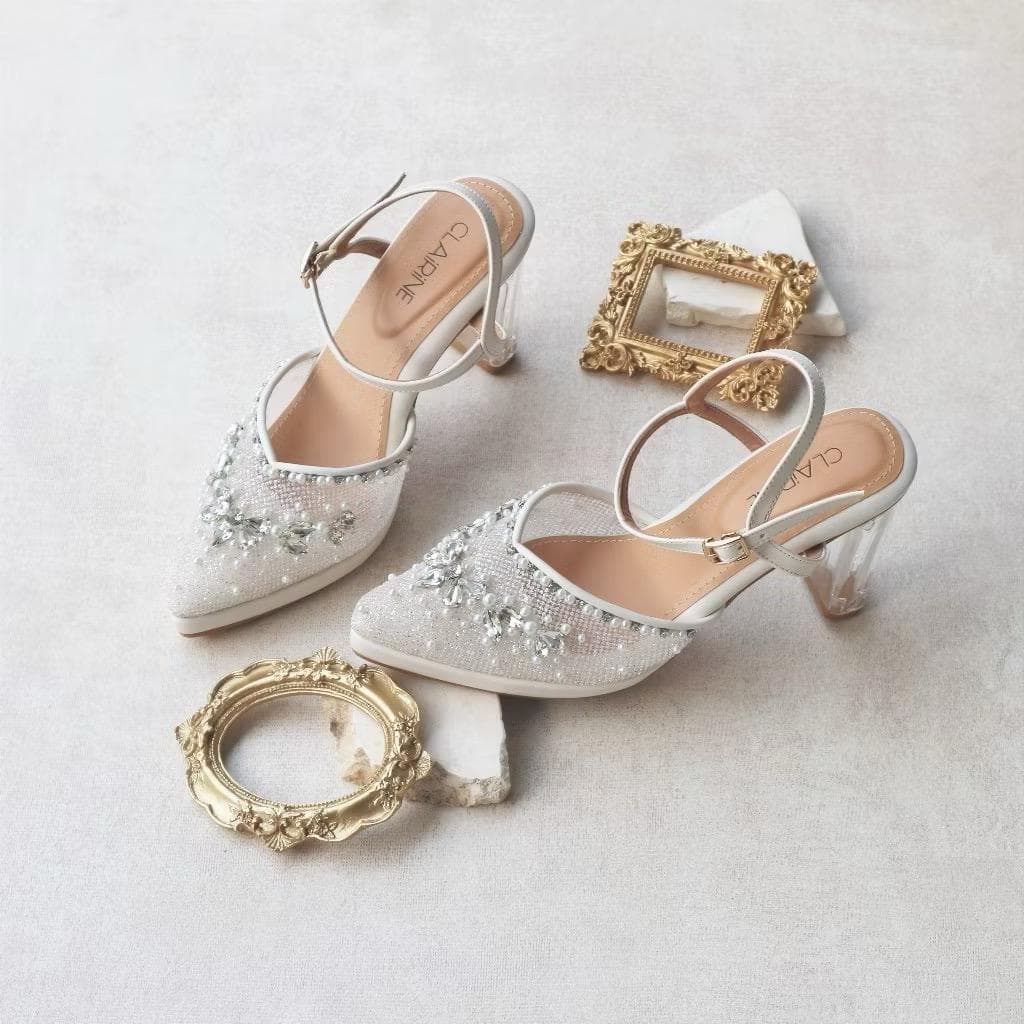 Saila White Gliter Chunky Heels – Vintage 10cm Wedding Sandals, Party Shoes - image 5