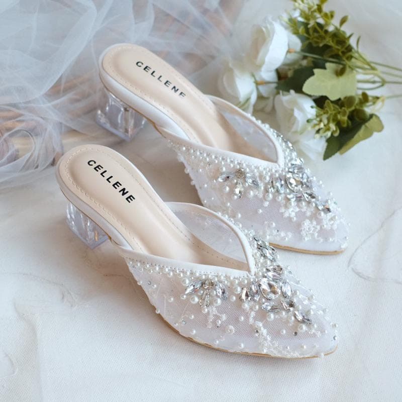 Elegant Lace Pointed Toe Heels – Clear Block 5cm Slip On Bridal Shoes - image 3