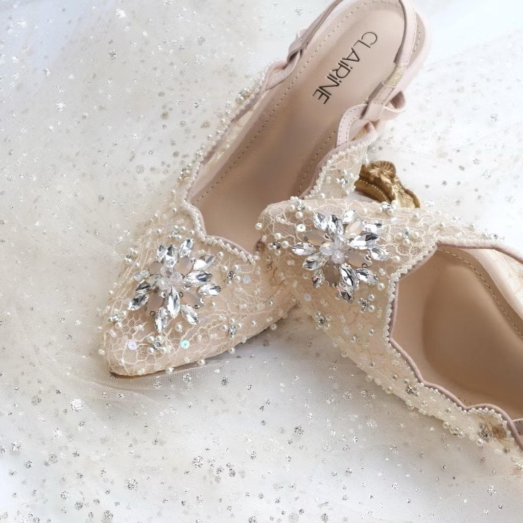 Visty Lace Slide Heels – 7cm Pointed Toe Wedding Sandals in White, Ivory, Rose Gold - image 5