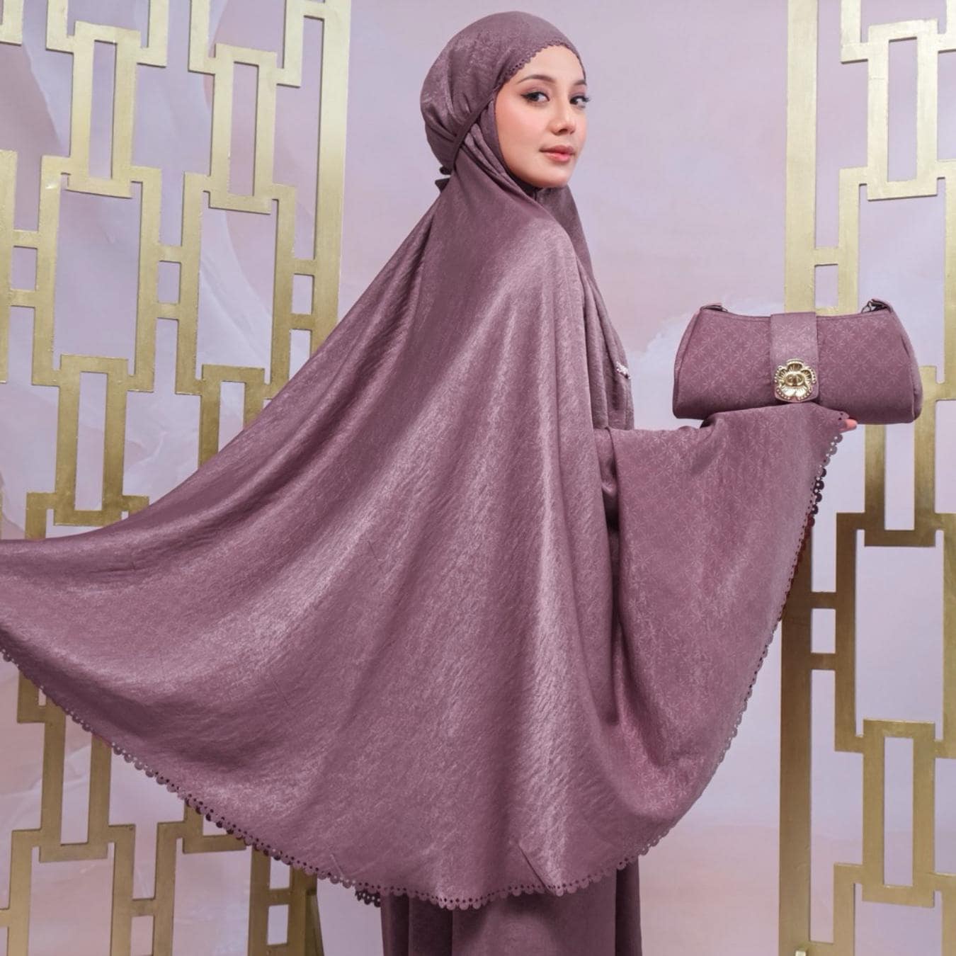 Luxury Textured Silk Prayer Set with Laser Cut & Elegant Clutch Bag , Mukena Handmade Indonesia - image 3
