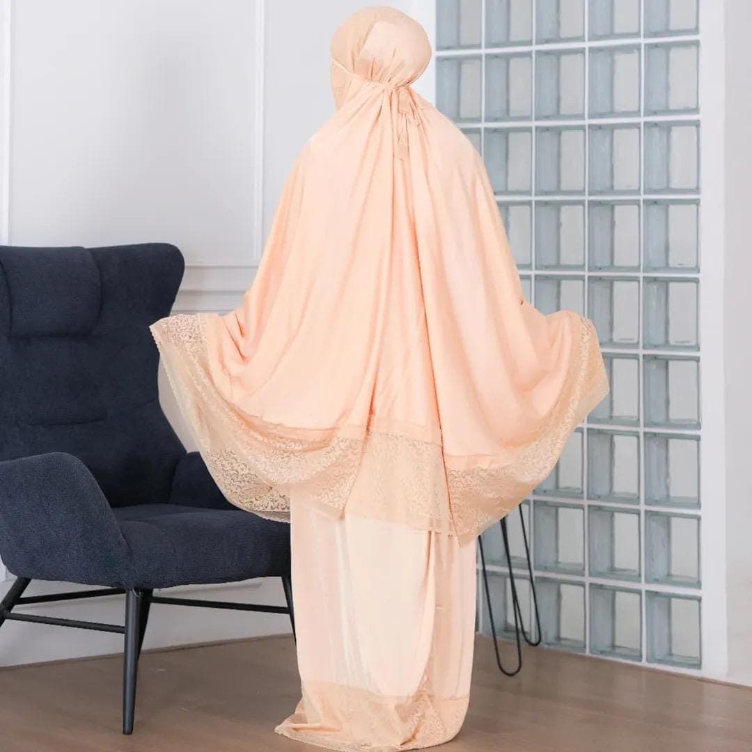 Armani Silk Prayer Set, Two-Piece Hijab Dress with Lace, Matching Bag, Timeless Mukena - image 3