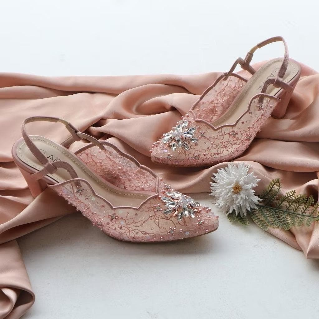 Visty Lace Slide Heels – 7cm Pointed Toe Wedding Sandals in White, Ivory, Rose Gold - image 3