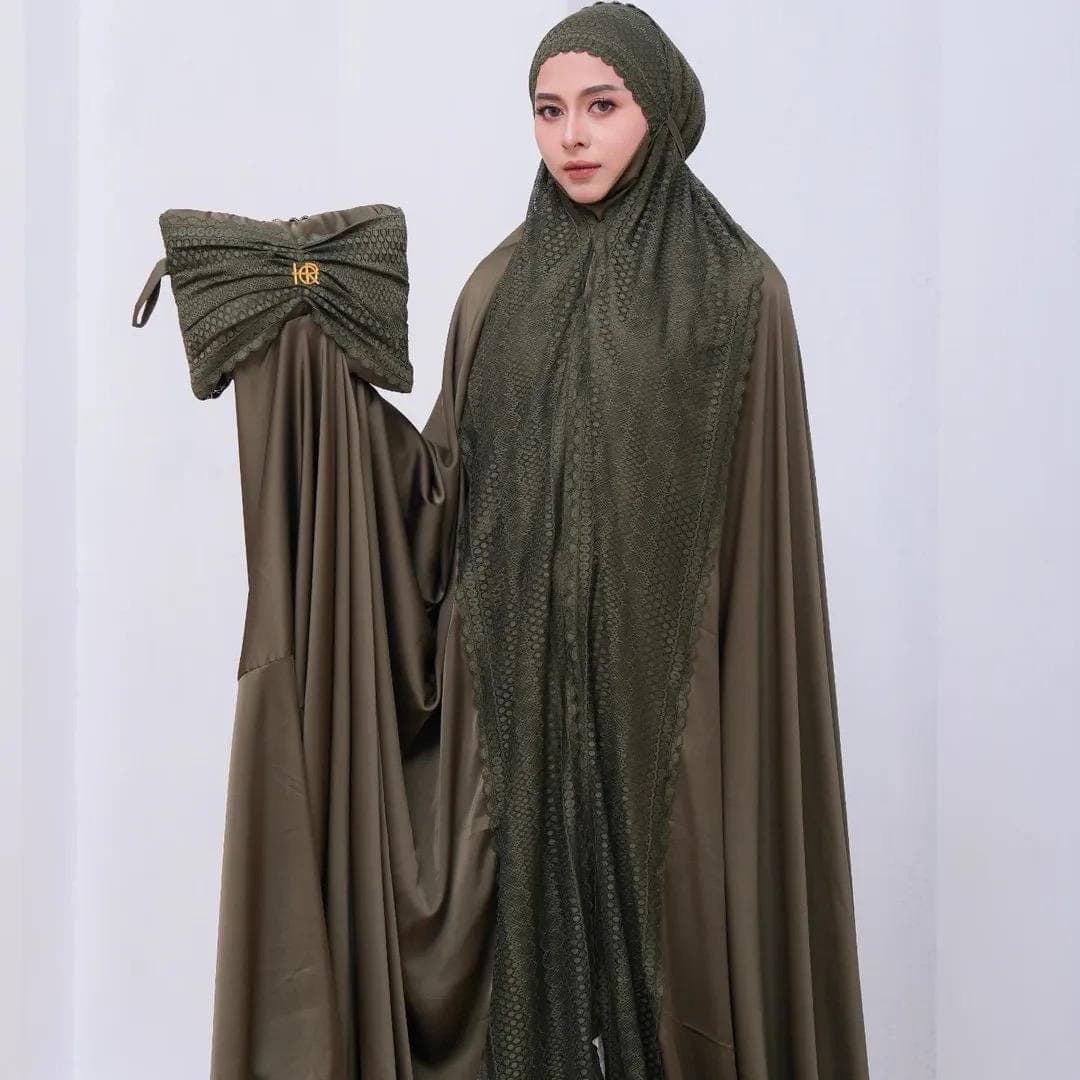 Armani Silk Prayer Robe, One-Piece Hijab Dress with Lace, Matching Pouch - image 5