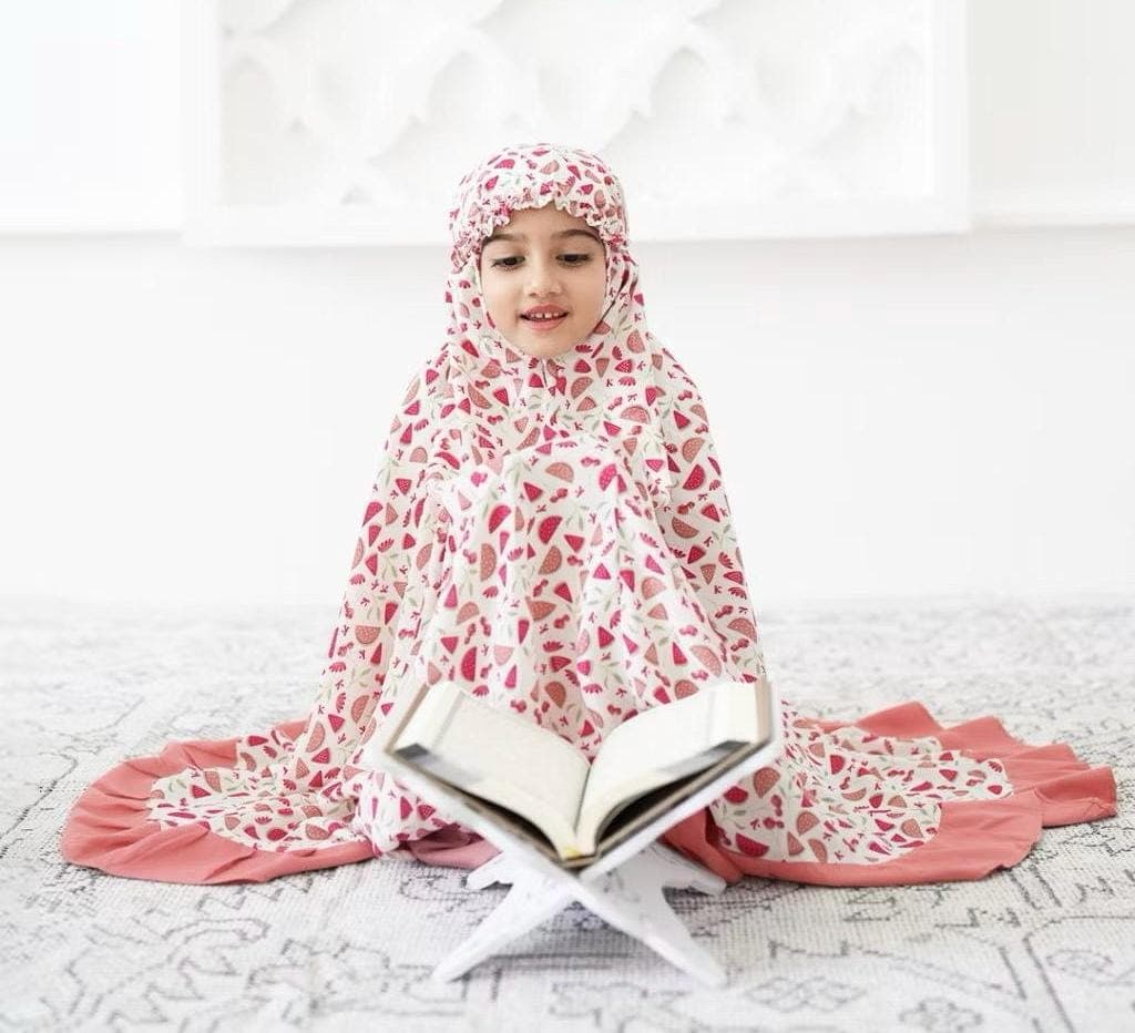 Kids Mukena Prayer Outfit – Watermelon Pattern, 100% Natural Rayon, Lightweight Breathable Dress - image 3