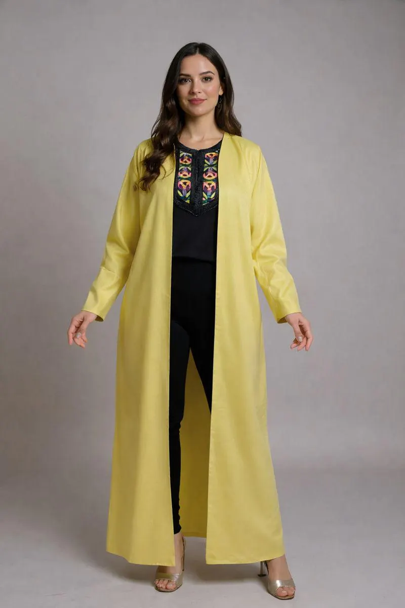 Abaya kimono jaune en lin naturel, coupe longue ouverte - image 5