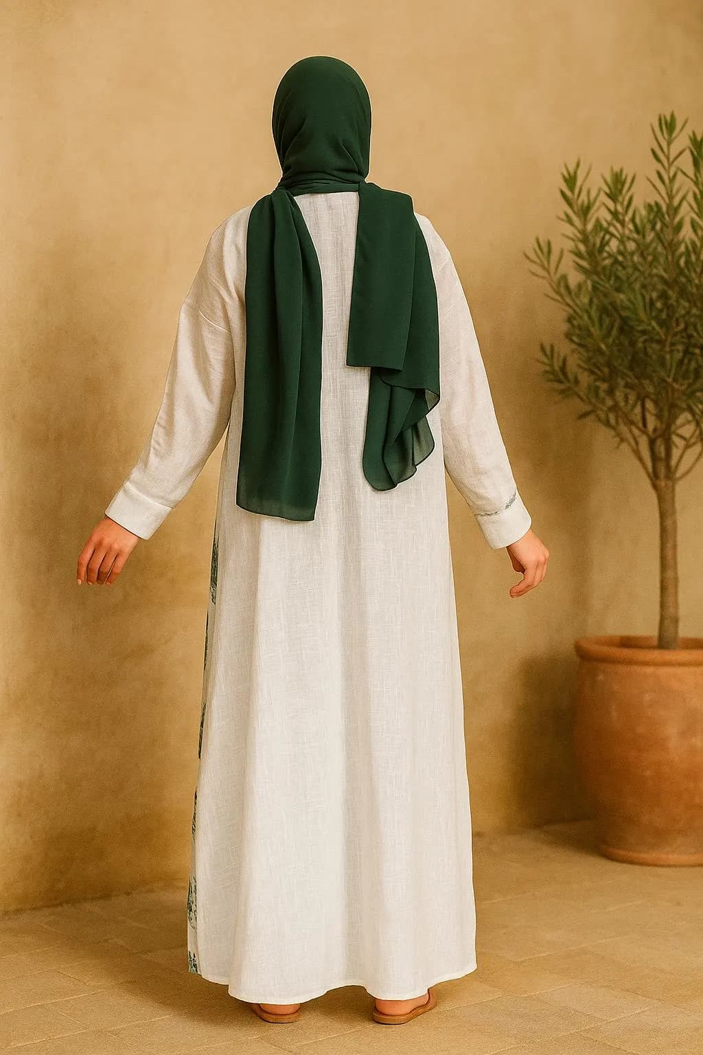Abaya kimono blanche en lin, motif floral vert - image 4