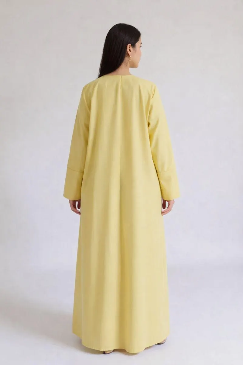 Abaya kimono jaune en lin naturel, coupe longue ouverte - image 4