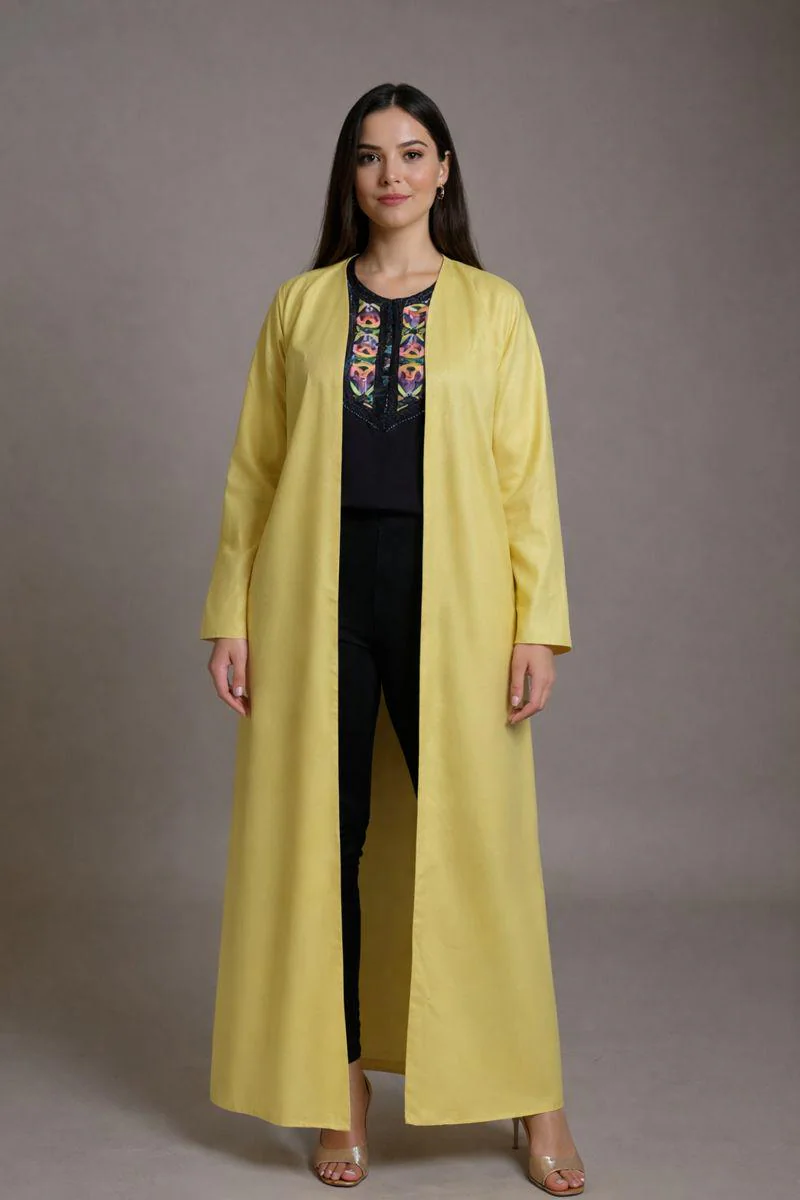 Abaya kimono jaune en lin naturel, coupe longue ouverte