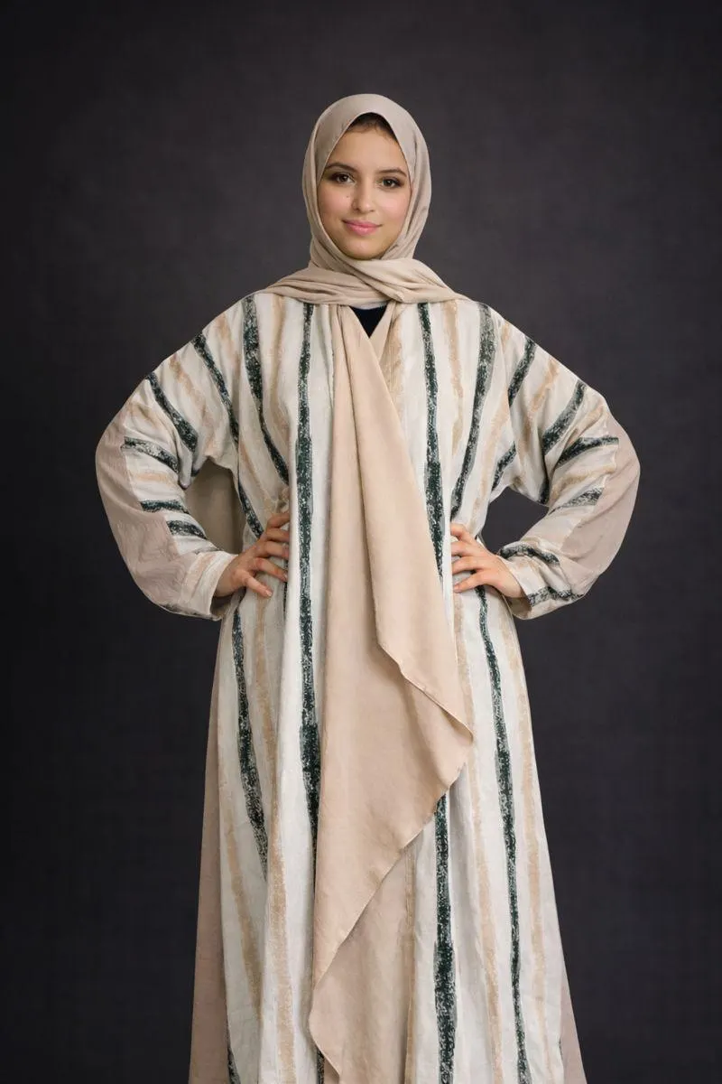 Abaya Kimono beige  longue à rayures élégantes - image 5