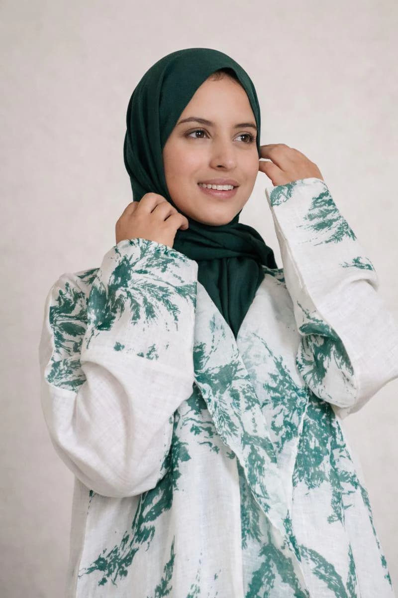 Abaya kimono blanche en lin, motif floral vert - image 3