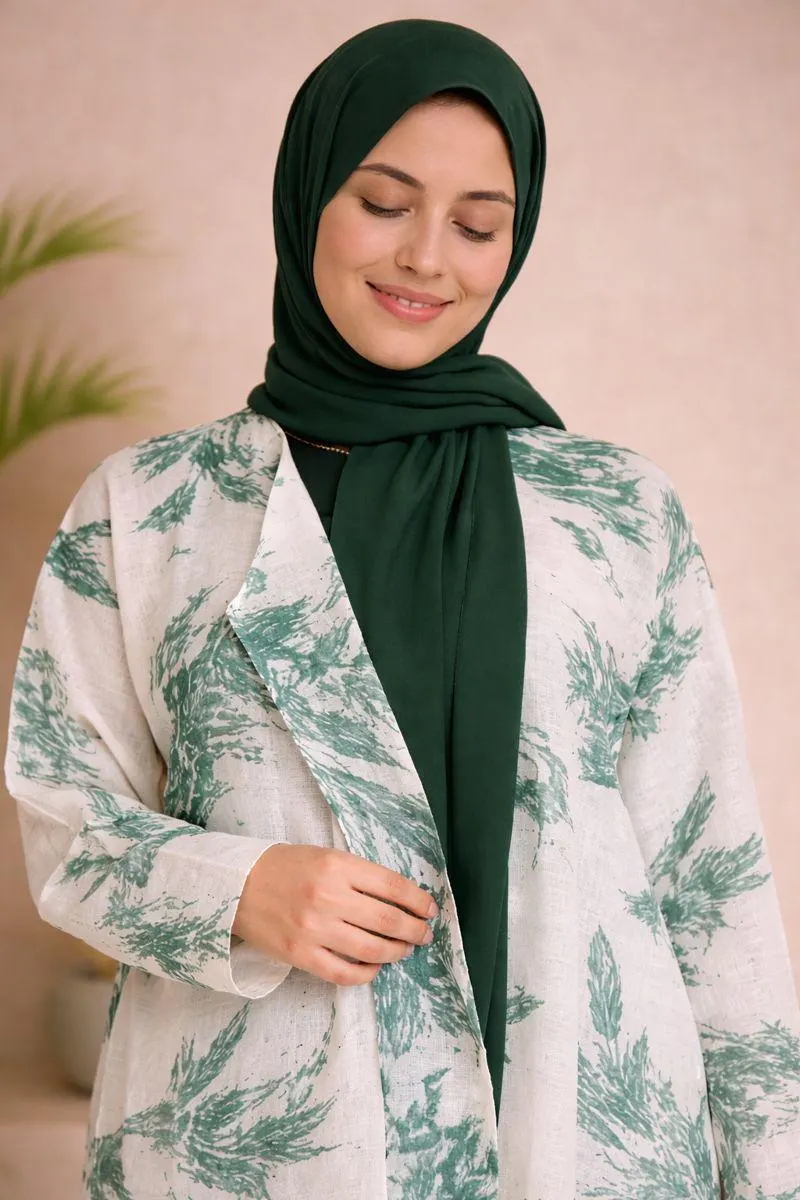 Abaya kimono blanche en lin, motif floral vert - image 2