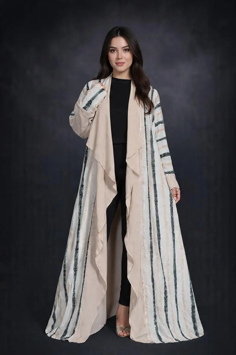 Abaya Kimono beige  longue à rayures élégantes - image 3