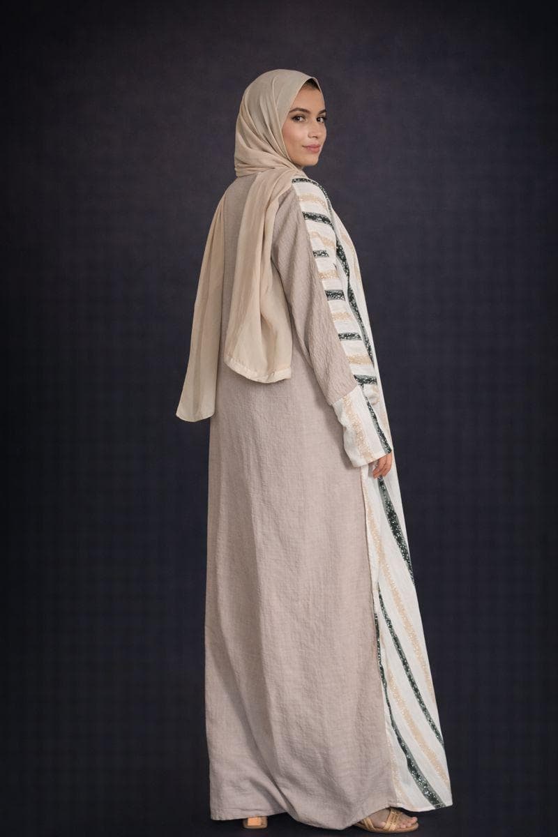 Abaya Kimono beige  longue à rayures élégantes - image 2