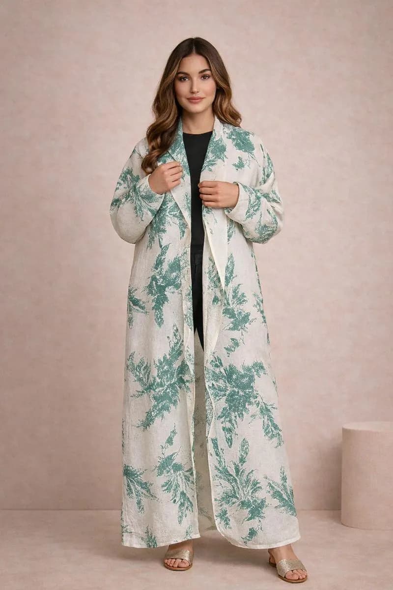 Abaya kimono blanche en lin, motif floral vert