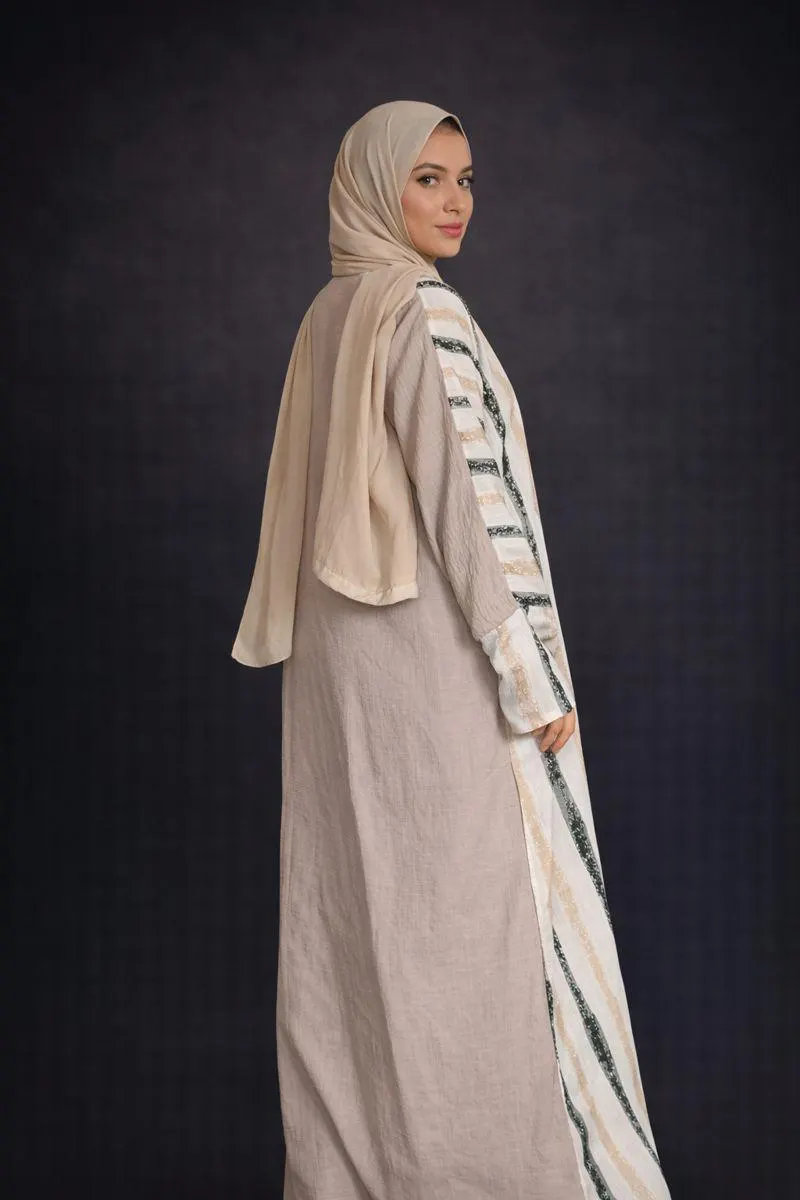 Abaya Kimono beige  longue à rayures élégantes - image 4