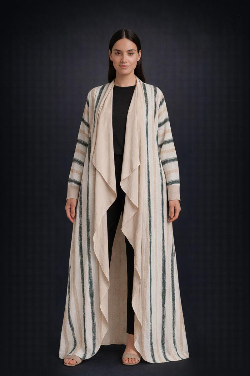 Abaya Kimono beige  longue à rayures élégantes
