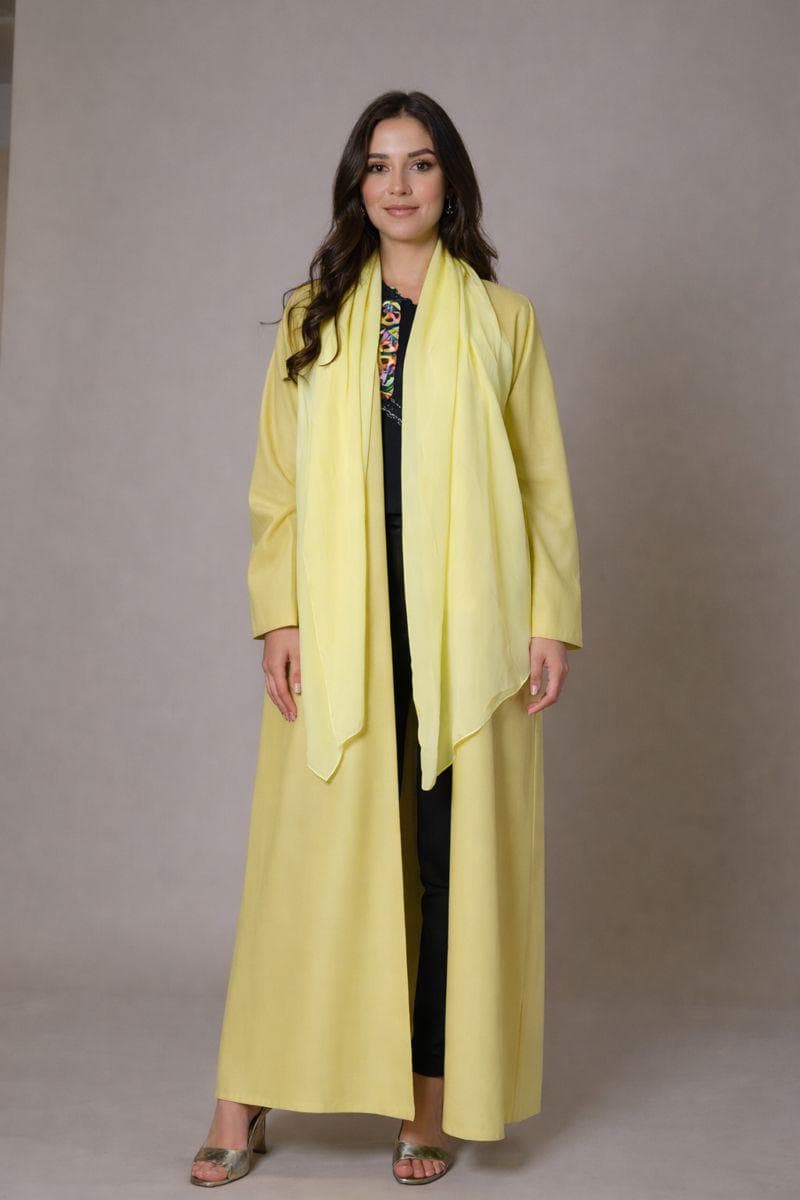 Abaya kimono jaune en lin naturel, coupe longue ouverte - image 3