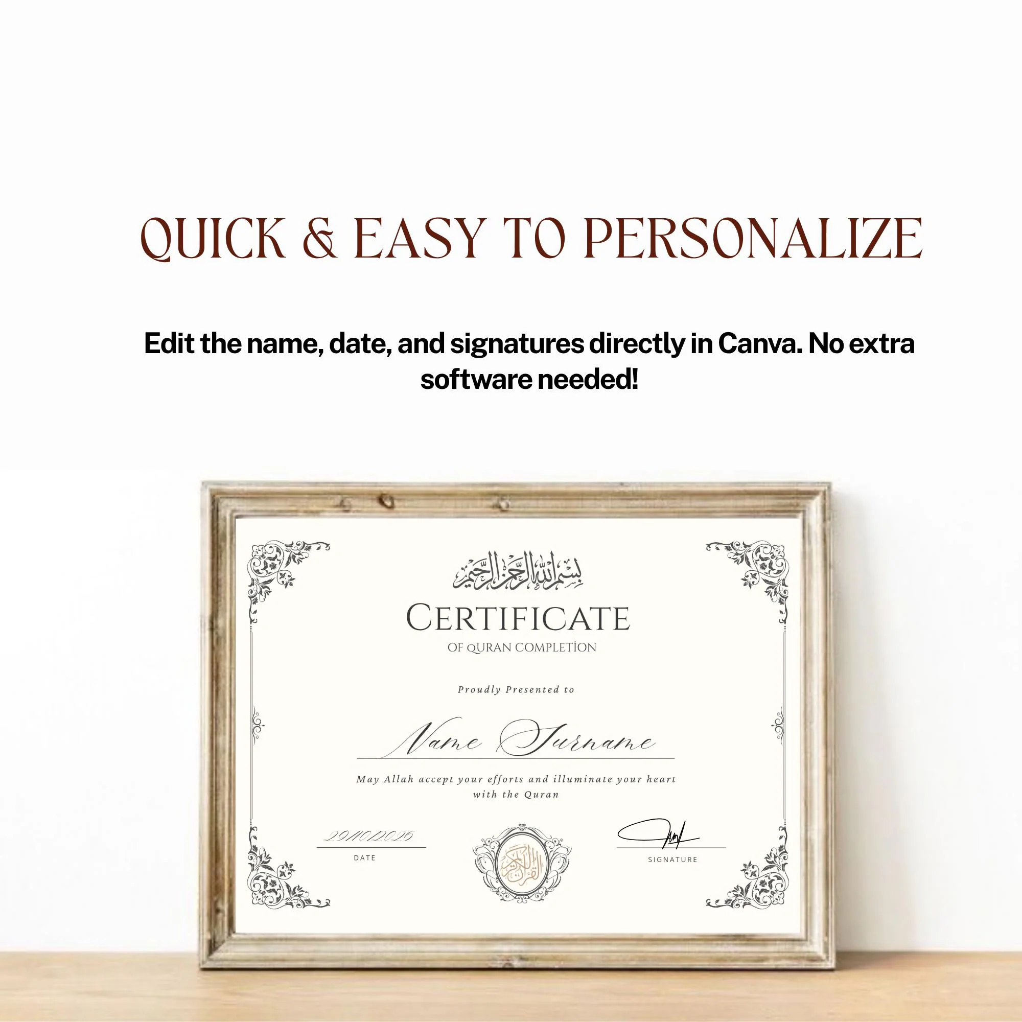 Editable Quran Completion Certificate, Hifz Certificate, Islamic Graduation Diploma, Khatam e Quran, Printable Canva Template, Muslim Gift - image 4