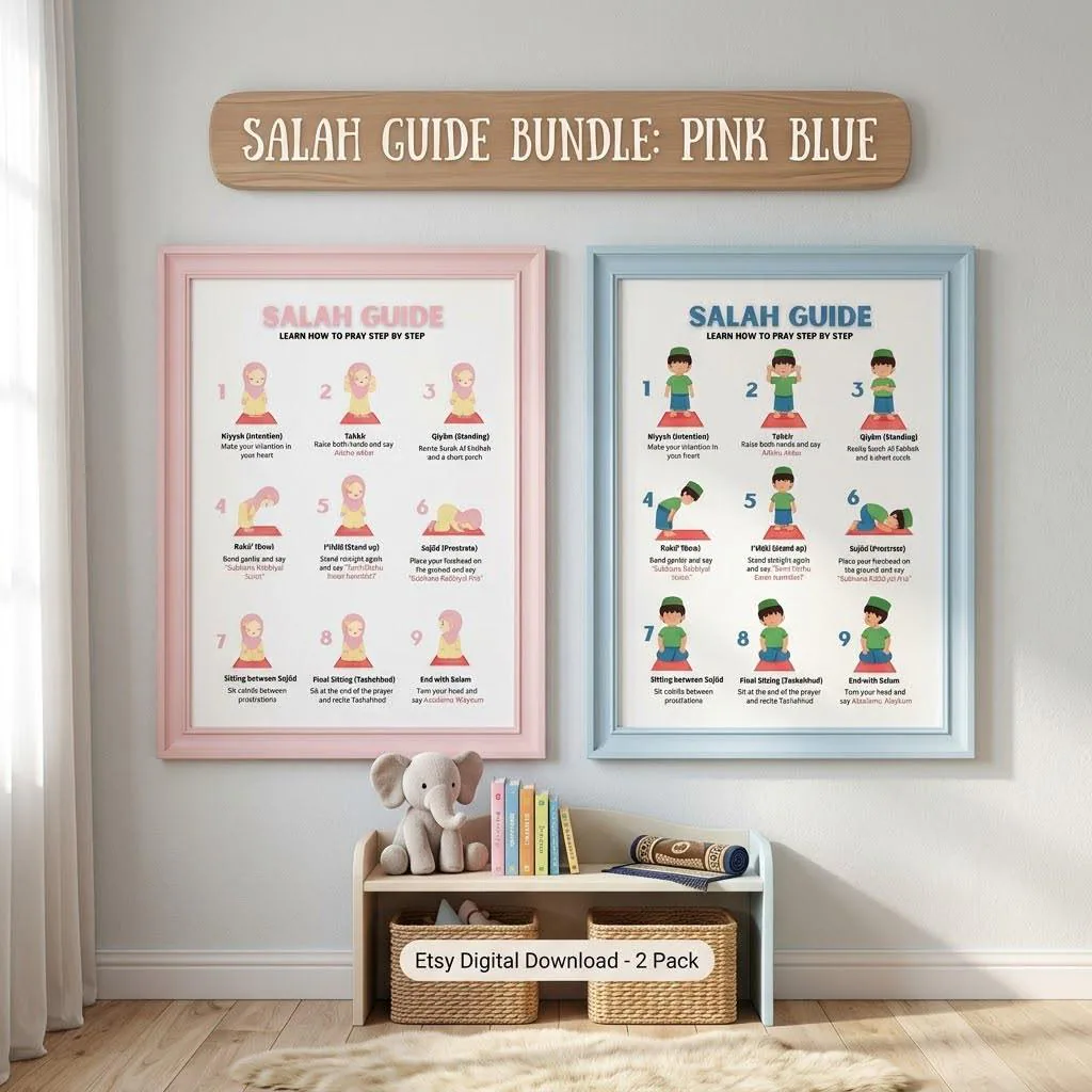 Salah Guide Bundle for Kids, Boy and Girl Prayer Chart, Muslim Printable, Islamic Nursery Decor, Step by Step Learn to Pray, Homeschool