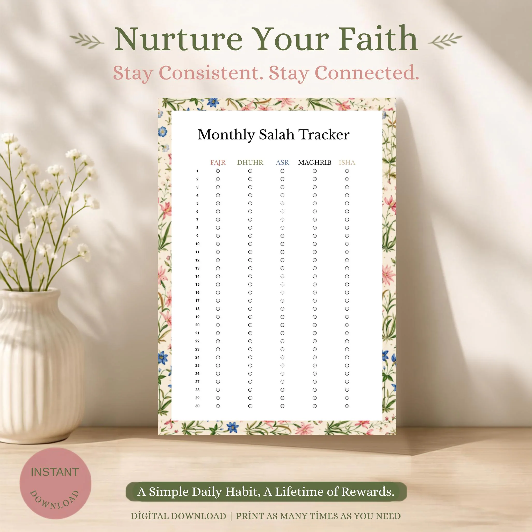 Boho Salah Tracker Printable, Botanical Islamic Planner, Floral Muslim Prayer Journal, Namaz Habit Log, Digital Download