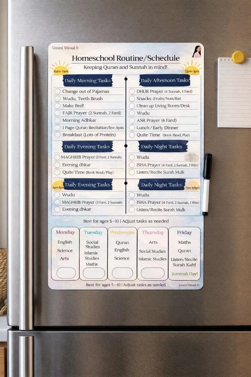 Islamic Homeschool Routine Chart | Kids Daily Salah & Quran Schedule (PDF Downloadable Checklist)