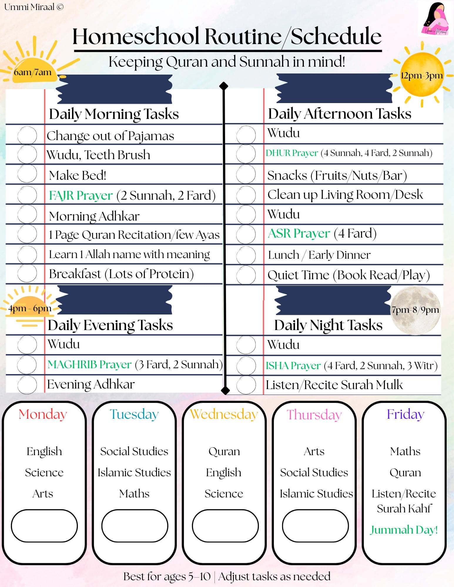 Islamic Homeschool Routine Chart | Kids Daily Salah & Quran Schedule (PDF Downloadable Checklist) - image 3