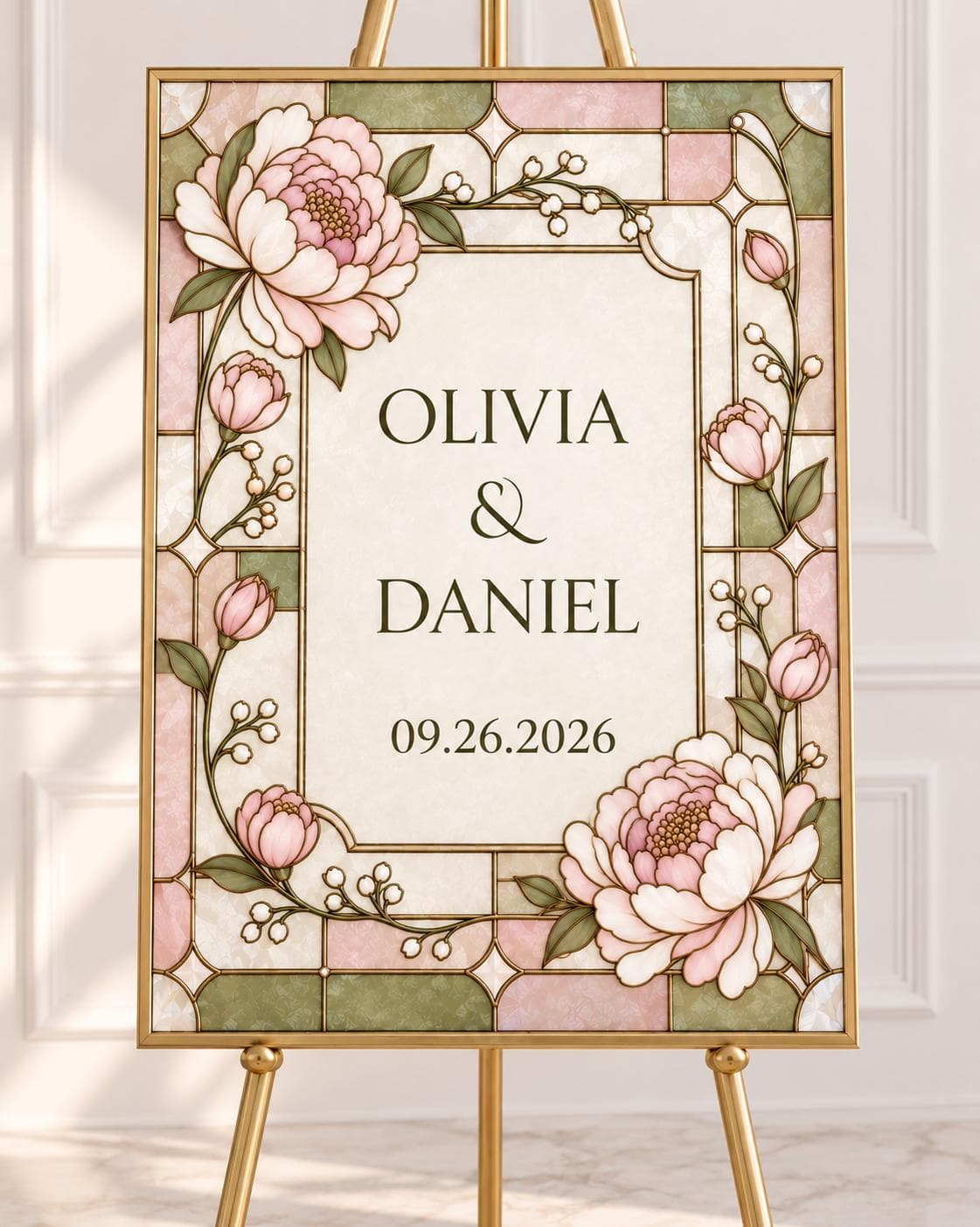 Stained Glass Wedding Sign Template, Peony Floral Wedding Welcome Sign, Editable Canva Template, Printable Wedding Sign, Elegant DIY decor - image 4