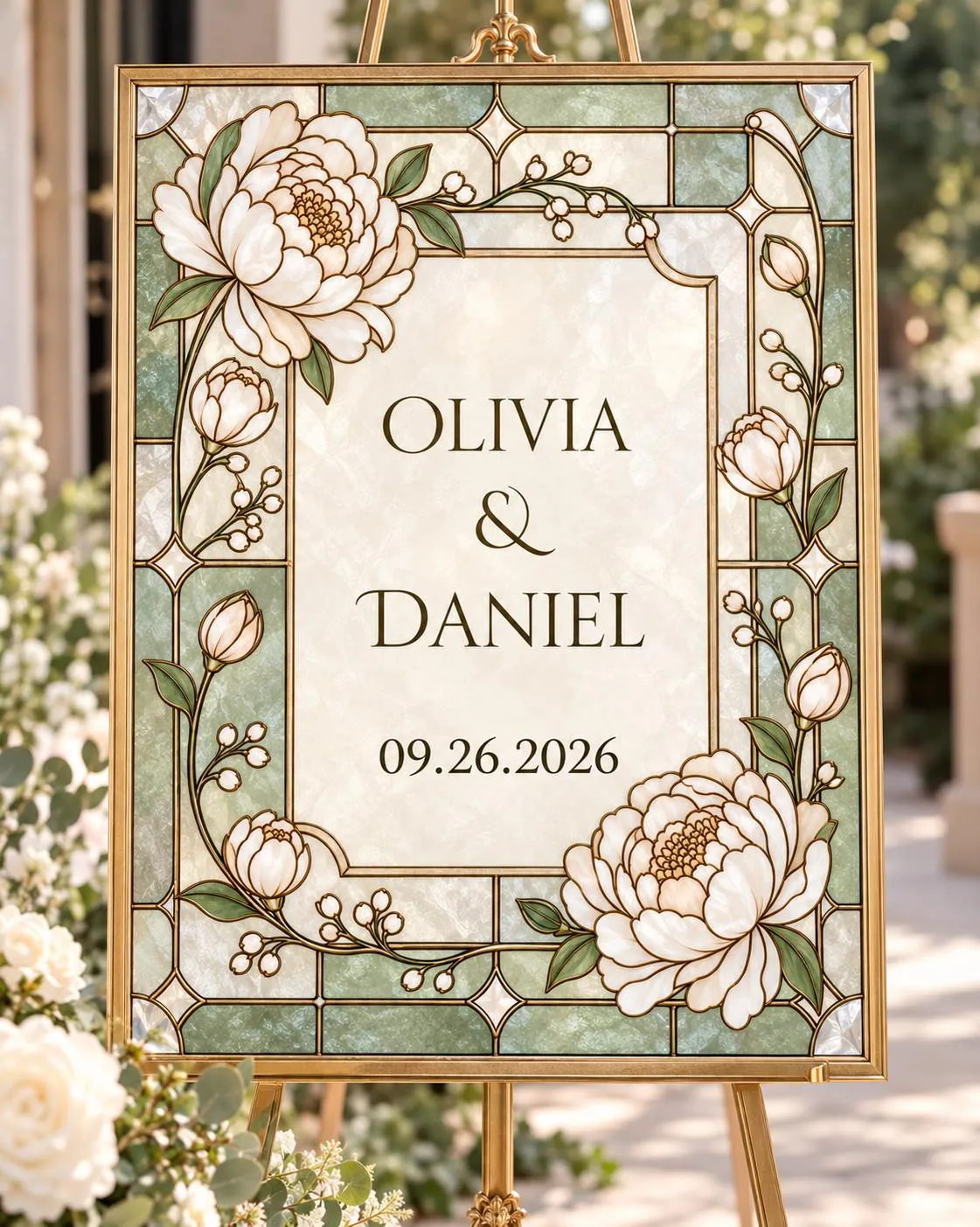 Stained Glass Wedding Sign Template, Peony Floral Wedding Welcome Sign, Editable Canva Template, Printable Wedding Sign, Elegant DIY decor