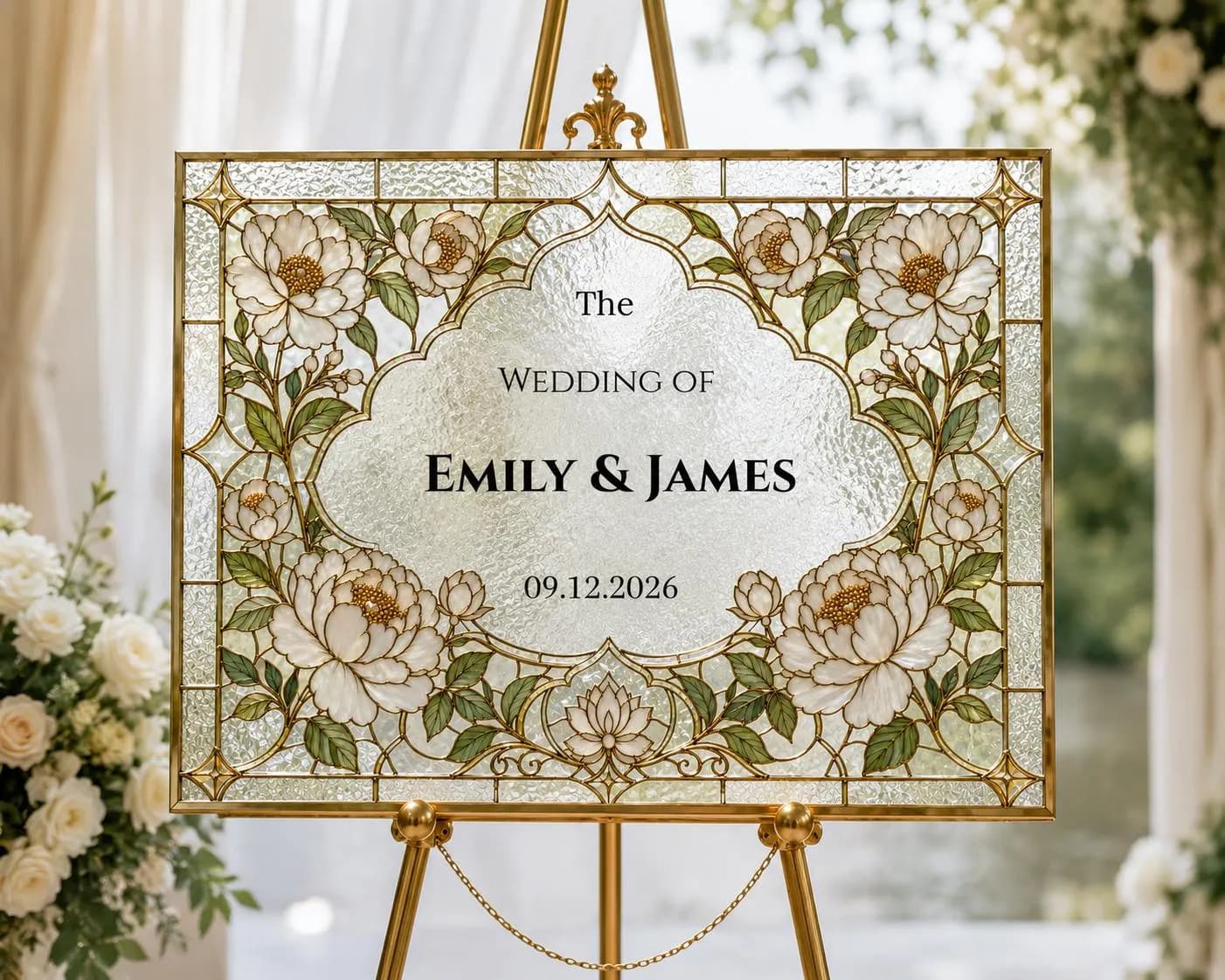 Peony Stained Glass Wedding Welcome Sign, Editable Canva Template, Custom Names and Date, Printable Floral Wedding Sign
