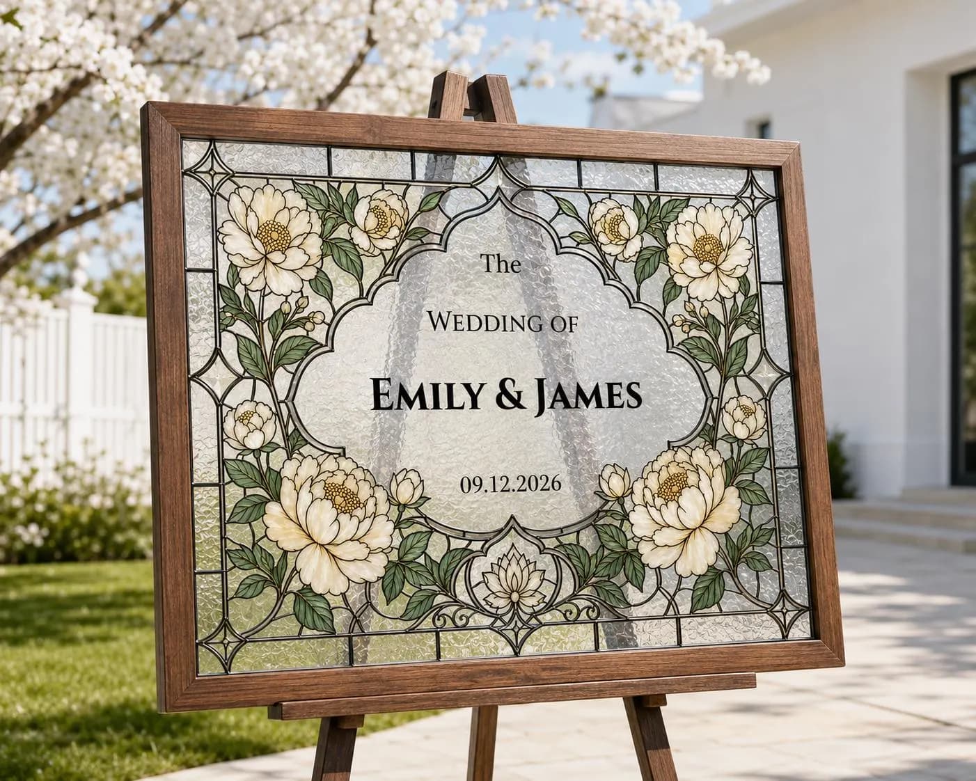 Peony Stained Glass Wedding Welcome Sign, Editable Canva Template, Custom Names and Date, Printable Floral Wedding Sign - image 4