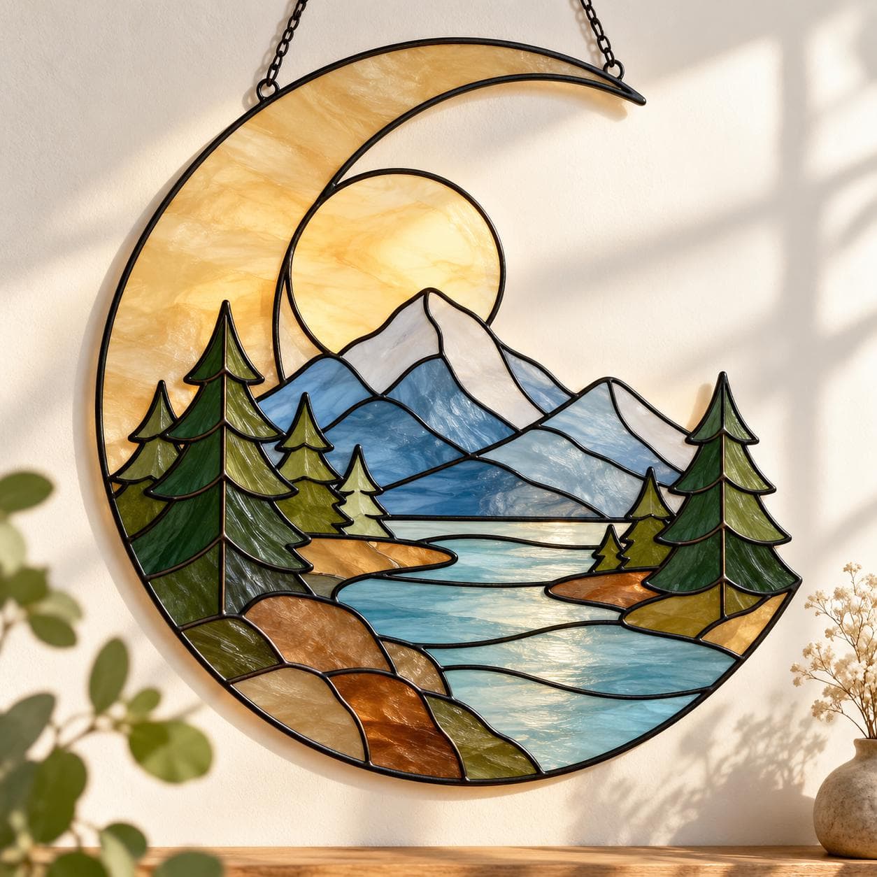 Mountain Stained Glass Pattern, Landscape Suncatcher Pattern, Lake & Pine Trees DIY Glass Art, Nature Window Decor, Printable PDF