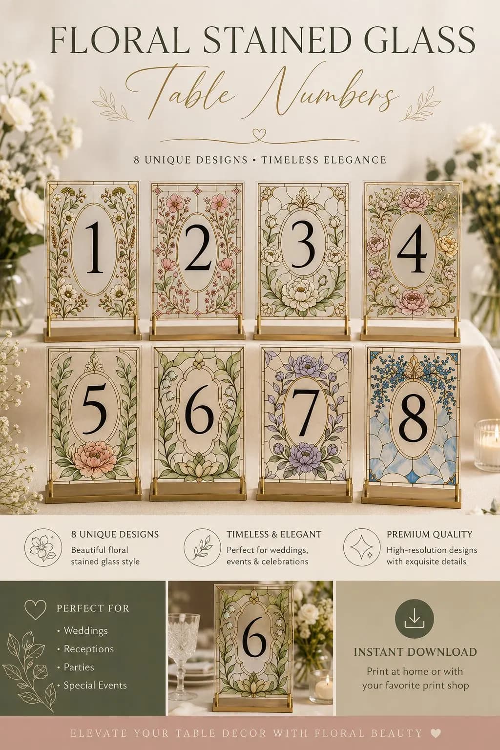 Stained Glass Wedding Table Numbers, Editable Wedding Table Numbers, Printable Reception Decor, Botanical Wedding Decor, Elegant Table Signs - image 4