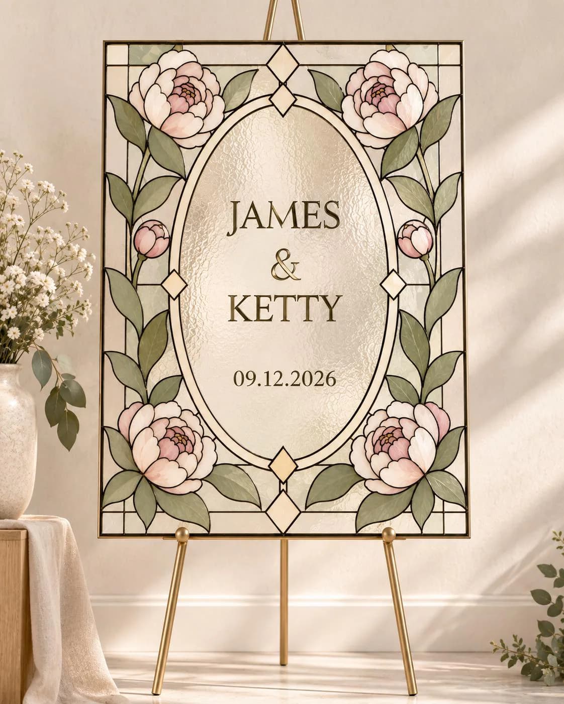 Peony Stained Glass Wedding Welcome Sign Template, Floral Wedding Sign, Editable Canva Template, Faux Stained Glass Sign,  Wedding Decor