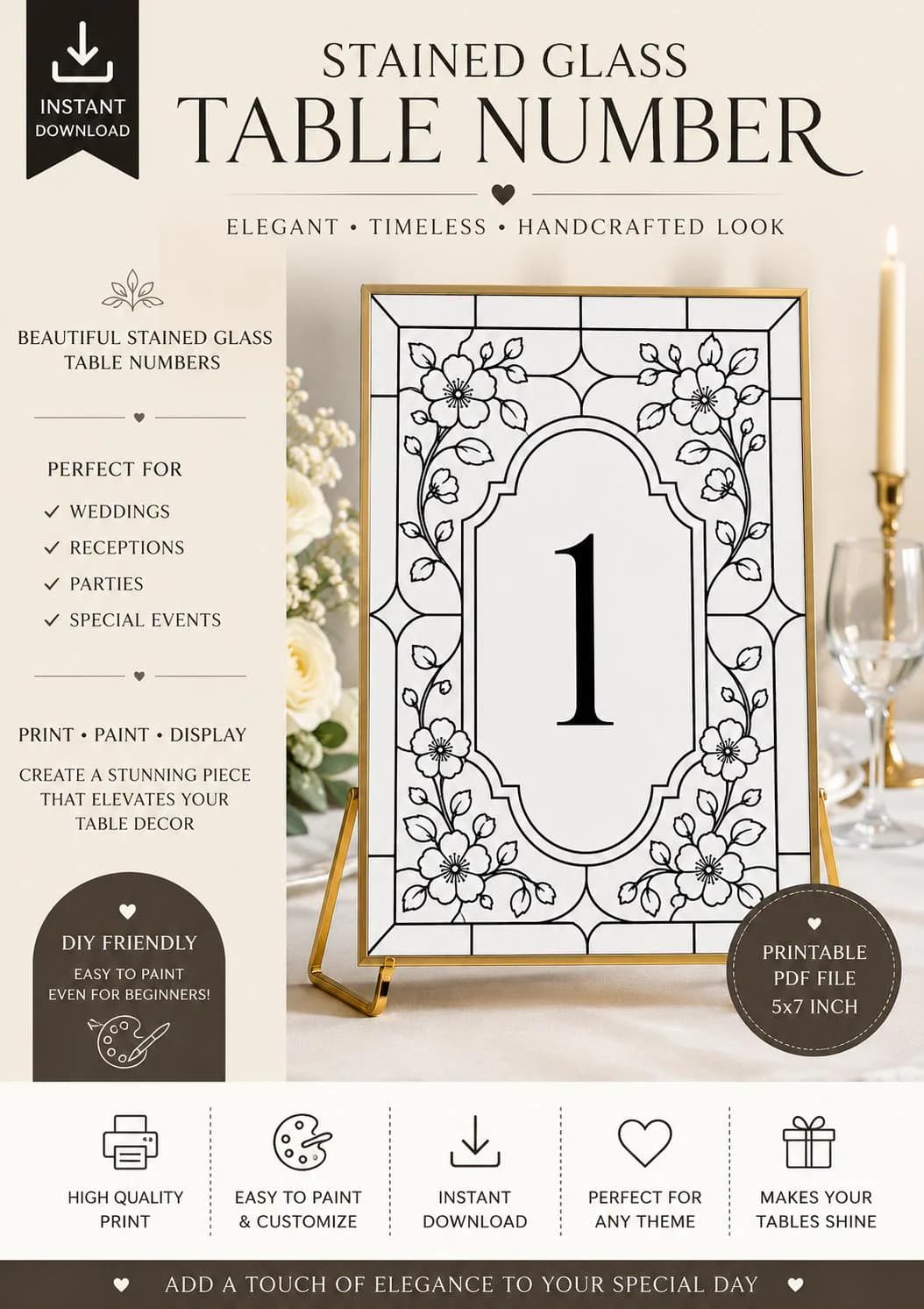Floral Faux Stained Glass Wedding Table Numbers, Cherry Blossom Canva Template, DIY Acrylic Paint, Printable Download - image 2