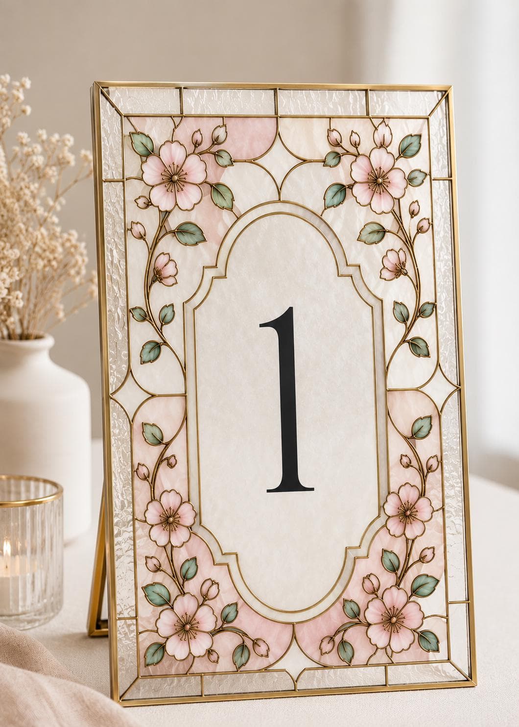 Floral Faux Stained Glass Wedding Table Numbers, Cherry Blossom Canva Template, DIY Acrylic Paint, Printable Download