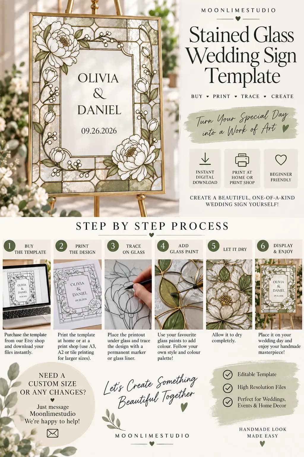 Stained Glass Wedding Sign Template, Peony Floral Wedding Welcome Sign, Editable Canva Template, Printable Wedding Sign, Elegant DIY decor - image 3