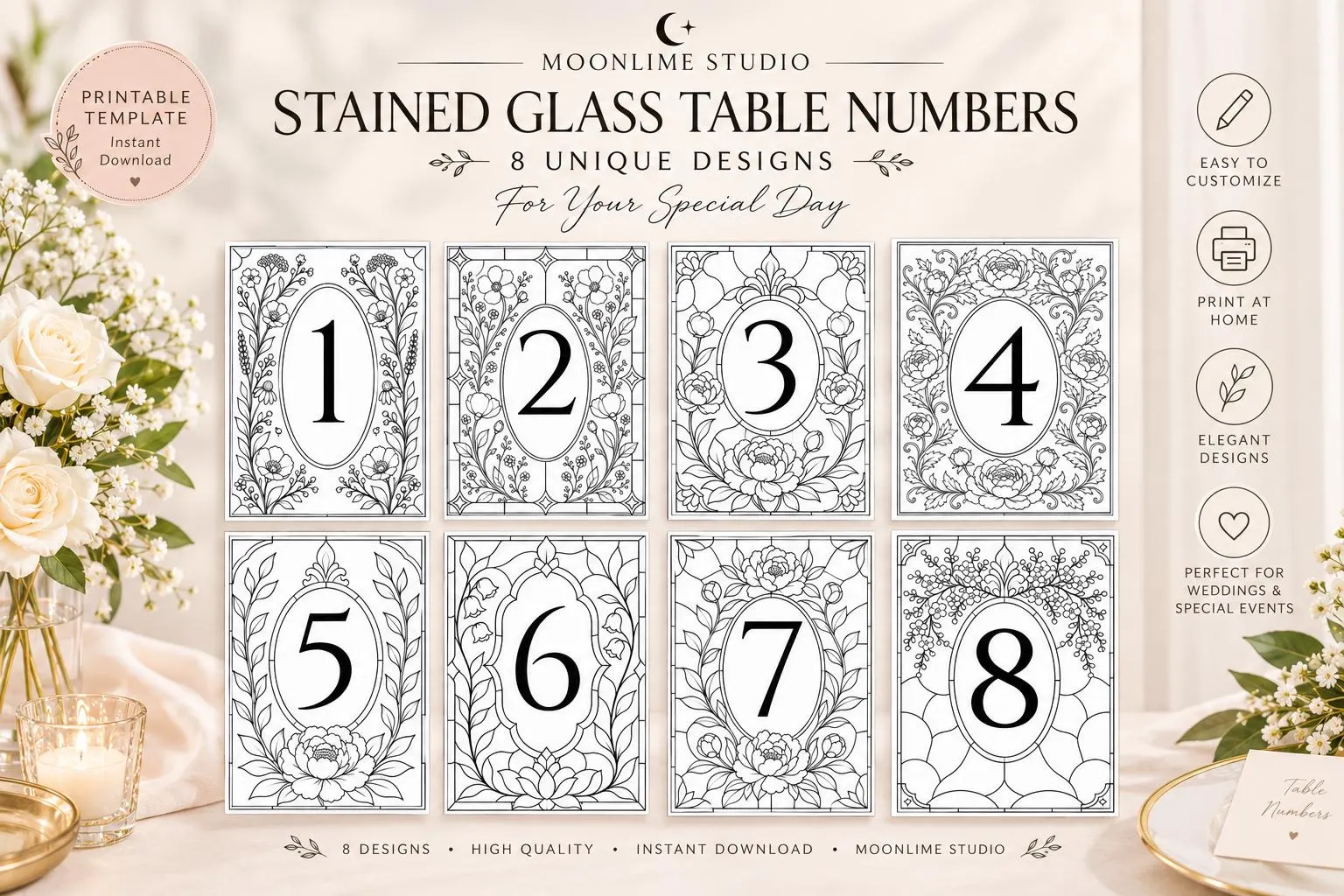 Stained Glass Wedding Table Numbers, Editable Wedding Table Numbers, Printable Reception Decor, Botanical Wedding Decor, Elegant Table Signs