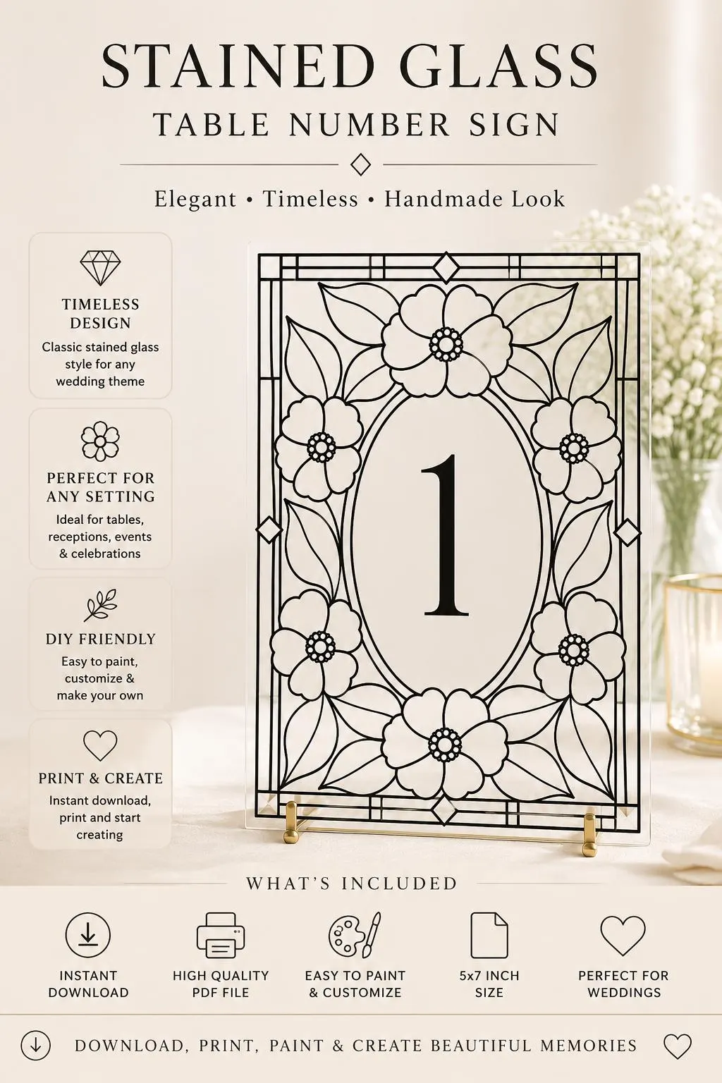 Floral Faux Stained Glass Wedding Table Number Template, Editable Canva, DIY Acrylic Paint, Printable Digital Download