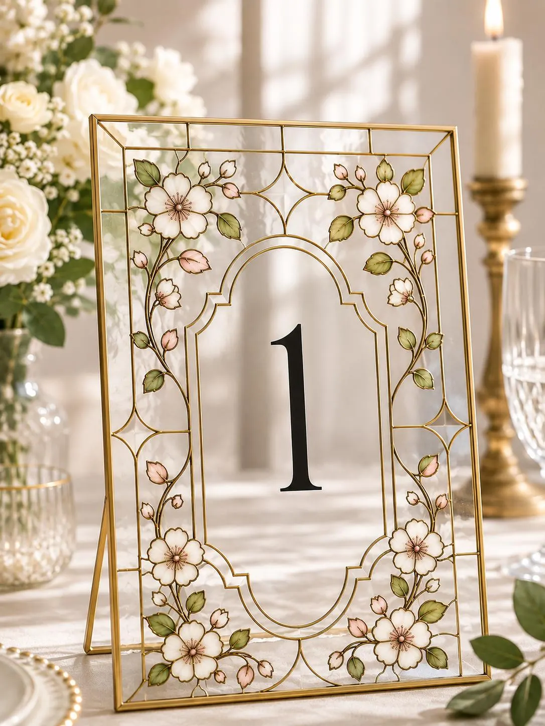 Floral Faux Stained Glass Wedding Table Numbers, Cherry Blossom Canva Template, DIY Acrylic Paint, Printable Download - image 3