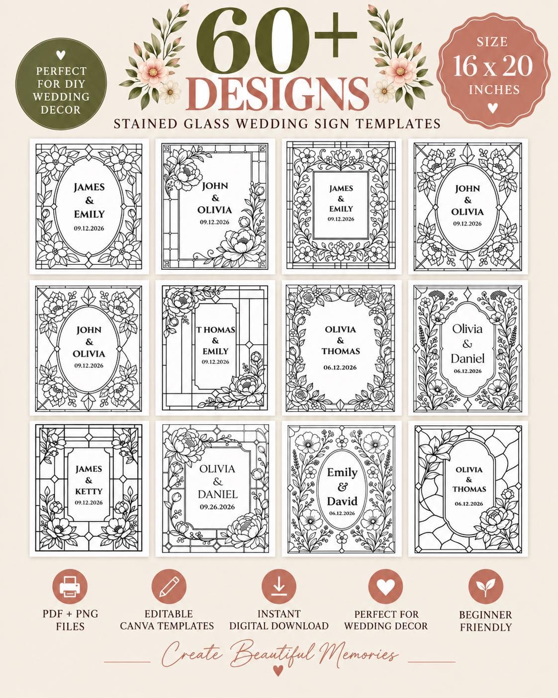 Stained Glass Wedding Sign Patterns Bundle,60+Faux Stained Glass Patterns, Editable Canva, PDF + PNG ,Editable Canva Template,Wedding decor - image 2