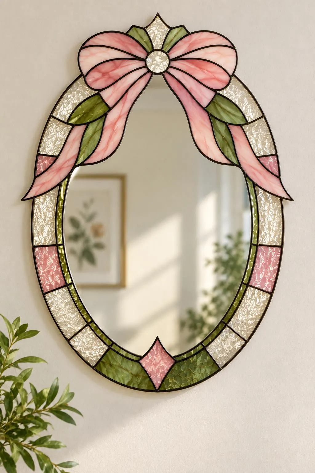 Floral Bow Stained Glass Mirror Pattern PDF | Oval Mirror Frame Template | Bow & Ribbon Glass Art | DIY Decorative Mirror,Printable Pattern