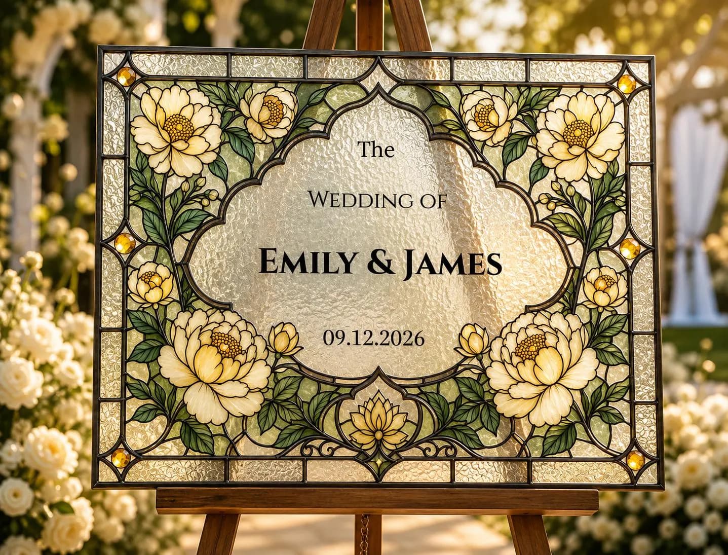 Peony Stained Glass Wedding Welcome Sign, Editable Canva Template, Custom Names and Date, Printable Floral Wedding Sign - image 5