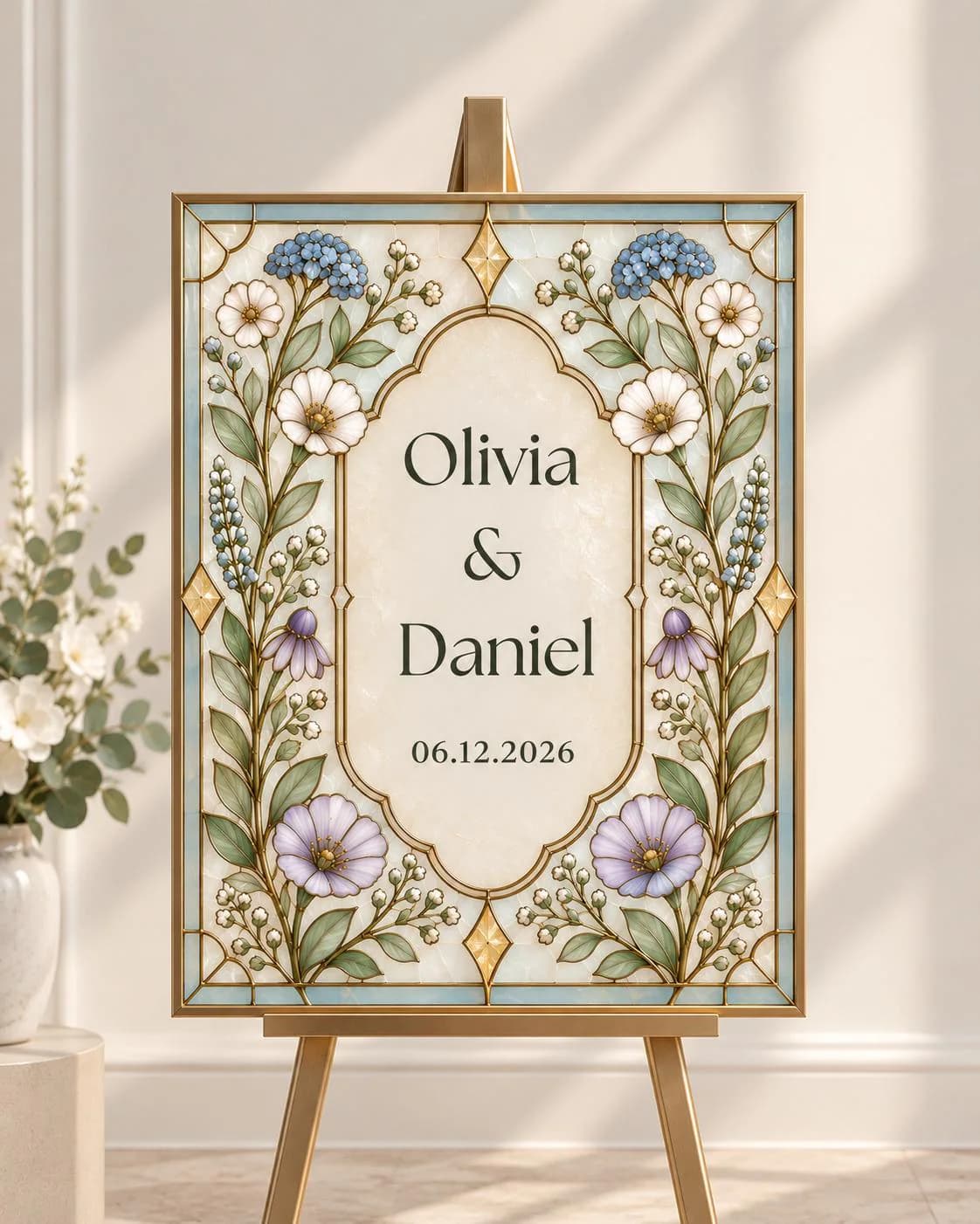 Faux Stained Glass Wedding Welcome Sign, Wildflower Wedding Sign Template, Custom Names & Date, DIY Wedding Decor,Printable Digital Download