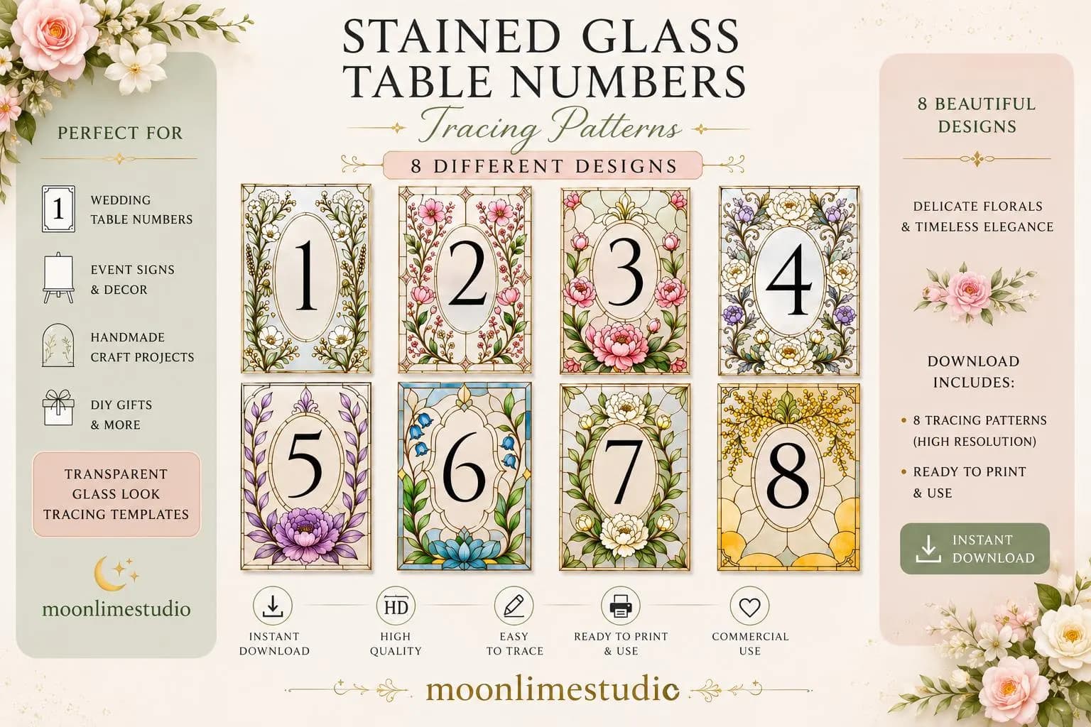 Stained Glass Wedding Table Numbers, Editable Wedding Table Numbers, Printable Reception Decor, Botanical Wedding Decor, Elegant Table Signs - image 3